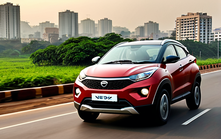 A powerful, dark-colored Tata Nexon Diesel SUV driving confidently on an open highway under a slightly hazy sky, symbolizing its strong initial torque and long-distance comfort. In the background, subtle, blurred elements of urban restriction signs or a light environmental filter subtly hint at the growing challenges faced by diesel vehicles in modern cities, suggesting a "fading charm" amidst stricter regulations. Dynamic lighting, realistic photo.