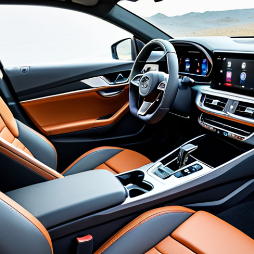 Home 14 25-inch large touchscreen infotainment system and the full digital instrument cluster. Emphasize the clean dashboard layout with minimal physical buttons, the use of soft-touch materials throughout, and the two-tone leather seats. The steering wheel with subtle detailing is also visible. The image should convey a sense of user-centric design and sophisticated comfort, captured with professional automotive interior photography, ensuring perfect focus, detailed textures, and soft studio lighting.
safe for work, appropriate content, fully clothed (applies to any implied occupant), professional, family-friendly, perfect anatomy, correct proportions, natural proportions.