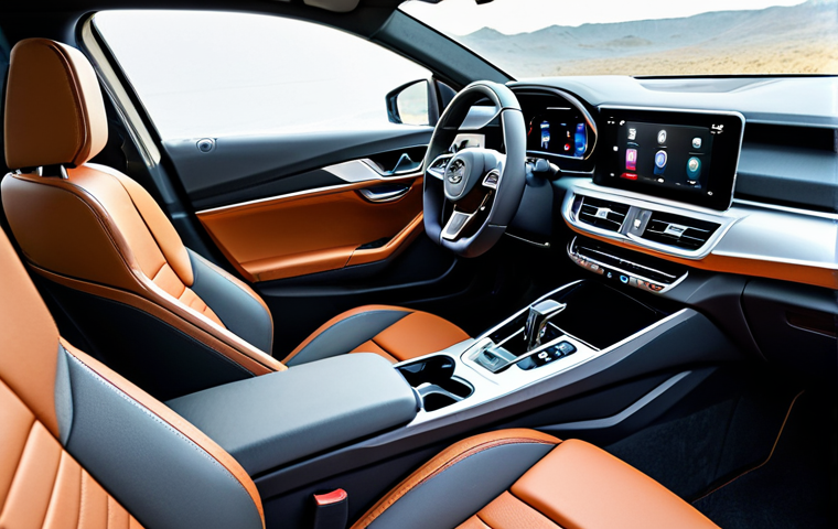 25-inch large touchscreen infotainment system and the full digital instrument cluster. Emphasize the clean dashboard layout with minimal physical buttons, the use of soft-touch materials throughout, and the two-tone leather seats. The steering wheel with subtle detailing is also visible. The image should convey a sense of user-centric design and sophisticated comfort, captured with professional automotive interior photography, ensuring perfect focus, detailed textures, and soft studio lighting.
safe for work, appropriate content, fully clothed (applies to any implied occupant), professional, family-friendly, perfect anatomy, correct proportions, natural proportions.