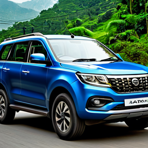 Home 7 A sleek, modern Tata Safari Hybrid SUV, showcasing its robust yet sophisticated design. The image is a split composition: one half shows the vehicle on a clean, bustling city street with modern architecture and a subtle motion blur, while the other half depicts it on a rugged, winding dirt road amidst lush, natural landscapes, including mountains and forests. The vehicle has a polished metallic paint finish. The scene features bright, even lighting, highlighting the vehicle's perfect anatomy and correct proportions. This is a safe for work, appropriate content, fully clothed, professional and family-friendly representation, captured with high-quality, detailed professional photography.