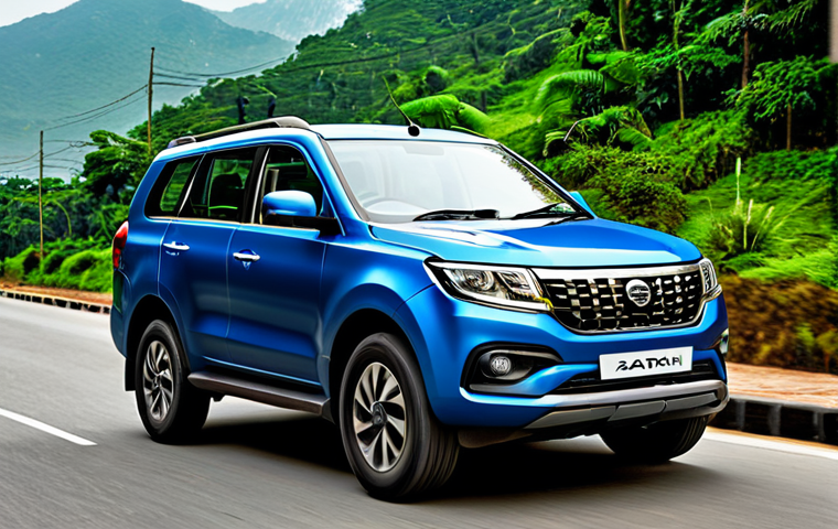 A sleek, modern Tata Safari Hybrid SUV, showcasing its robust yet sophisticated design. The image is a split composition: one half shows the vehicle on a clean, bustling city street with modern architecture and a subtle motion blur, while the other half depicts it on a rugged, winding dirt road amidst lush, natural landscapes, including mountains and forests. The vehicle has a polished metallic paint finish. The scene features bright, even lighting, highlighting the vehicle's perfect anatomy and correct proportions. This is a safe for work, appropriate content, fully clothed, professional and family-friendly representation, captured with high-quality, detailed professional photography.
