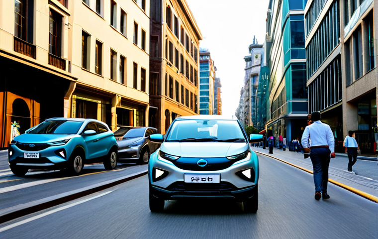 타타 넥슨 EV의 최신 트림 옵션 - Urban Commute**
"A Tata Nexon EV, compact and modern, driving down a bustling city street, surround...