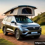 타타 사파리와 지프 컴패스 비교 - A 2024 Tata Safari facelift model parked elegantly in front of a modern, stylish glamping tent durin...
