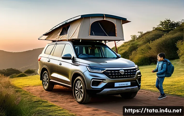 타타 사파리와 지프 컴패스 비교 - A 2024 Tata Safari facelift model parked elegantly in front of a modern, stylish glamping tent durin...